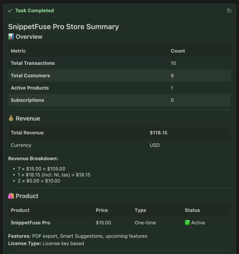 Creem Store Health Summary via MCP Server