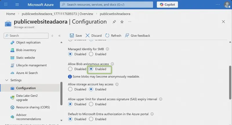 enable blob anonymous settings