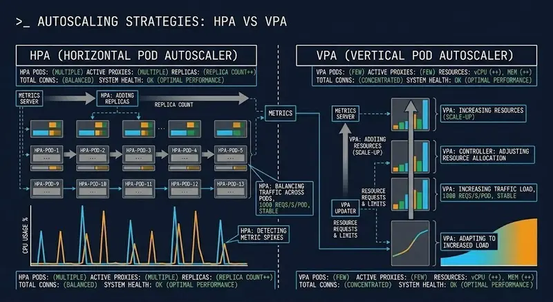 VPA vs HPA scaling dimensions — throughput vs stability tradeoff diagram