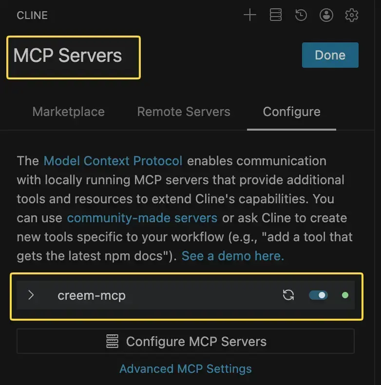 Creem MCP Server in CLine UI