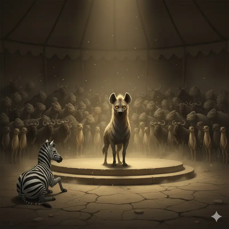 A dimly lit council tent transformed into a stage. The Hyena stands half in shadow, half in golden light, eyes reflecting twin flames. Behind him, rows of beasts - Chameleons, Gazelles, and others - nod in rhythmic approval, their faces blurred by smoke and dust. The Zebra sits apart, calm but unyielding, his stripes stark against the ambient glow.