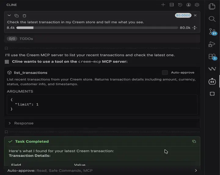 Transaction Report from the Creem MCP Server