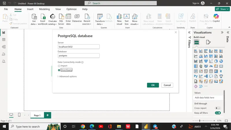 Enter server name and database name