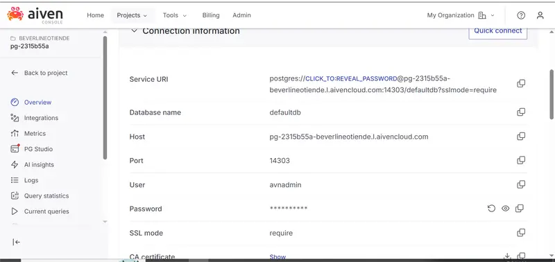 Aiven PostgreSQL connection information