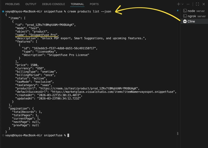 Terminal showing the SnippetFuse Pro product JSON