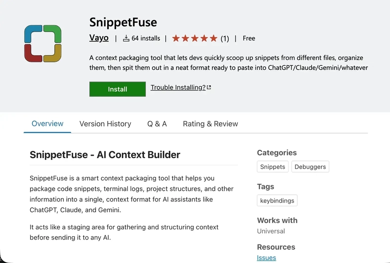 VS Code Marketplace page for SnippetFuse