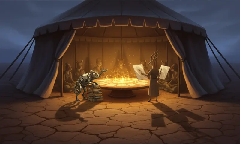 A circular desert tent at dusk, illuminated from within by a table glowing with golden scrolls. Around it, faint silhouettes of animals - a chameleon, a gazelle, and unseen scribes - their shadows stretching outward like converging lines of fate. The atmosphere is solemn, ritualistic, as if a trial disguised as ceremony is about to begin.
