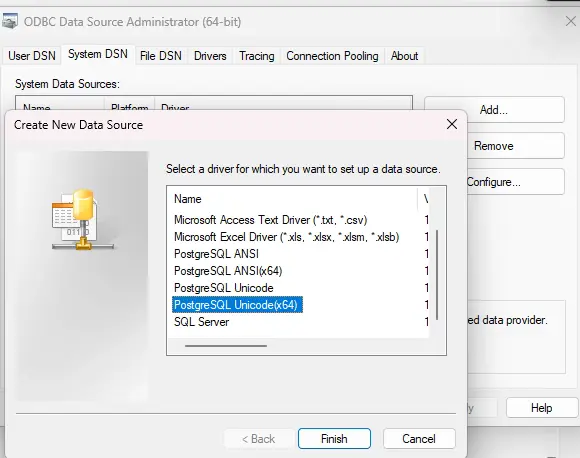 Selecting PostgreSQL Unicode(x64)