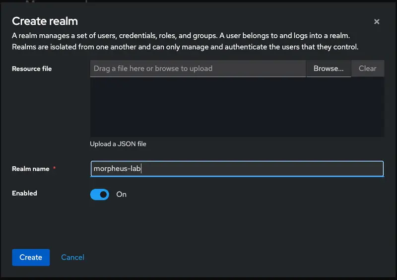 Keycloak Admin Console > Create Realm dialog