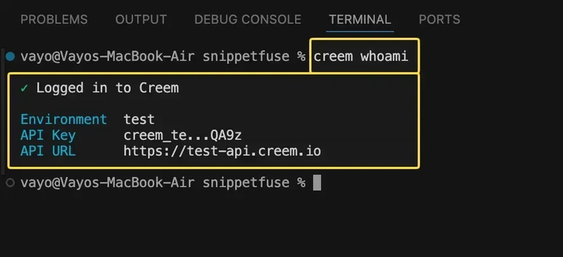 Terminal showing Creem Authenticated Info