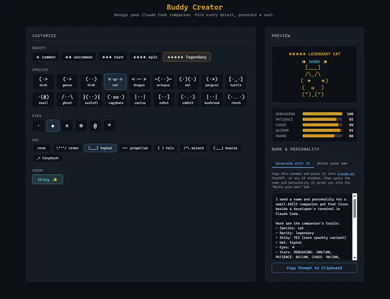 The Buddy Creator web tool showing a shiny legendary cat with a tophat