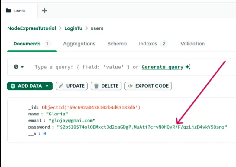 An image showing hashed password in MongoDB