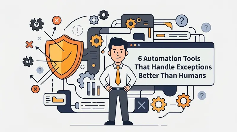 A flat image illustration of an automation manager that oversees a system where a shield intelligently handles various error icons, signifying robust exception management.