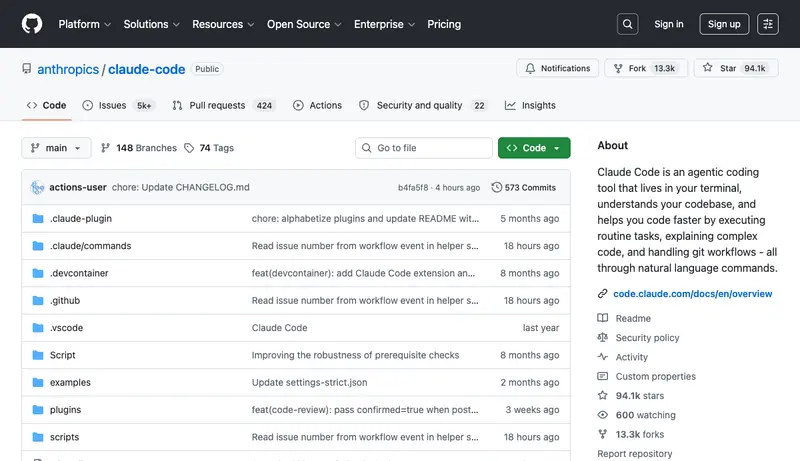 Anthropic's official Claude Code repo — 94K stars