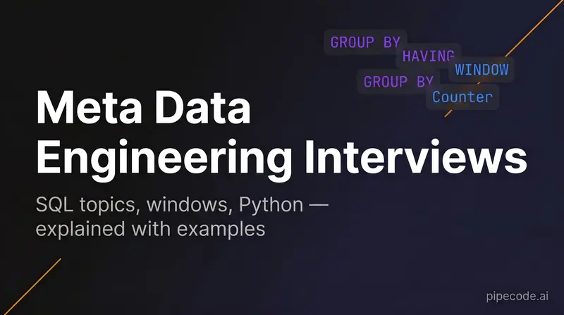 Header graphic for Meta data engineering interview prep with SQL and Python themes on a dark gradient.