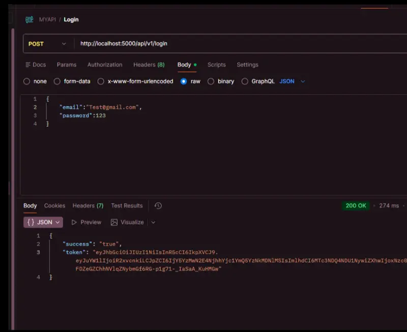 An img showing a new token generated from a login request in Postman