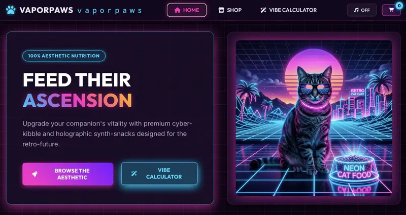Screenshot of Vaporpaws web app, dark themed with a ridiculous neon cat food generated image and too many bells and whistles to describe in words.