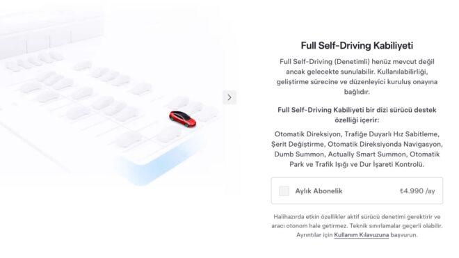 Tesla Türkiye, Full Self-Driving (FSD) paketinin aylık abonelik fiyatını açıkladı