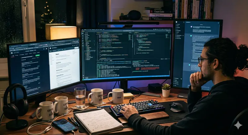 Late-night developer workspace with VS Code, terminal windows, and AI assistant panels open