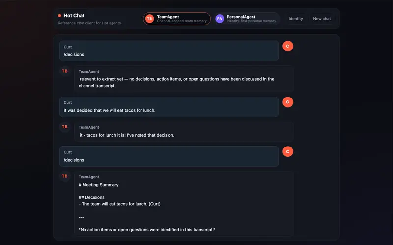 The Hot Chat web UI showing a streaming reply from the Team Mode agent with the Personal/Team mode toggle visible in the toolbar