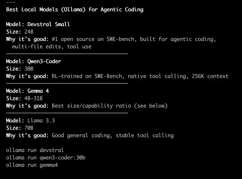 Model picker comparison card — Devstral / Qwen3-Coder / Gemma 4 / Llama 3.3