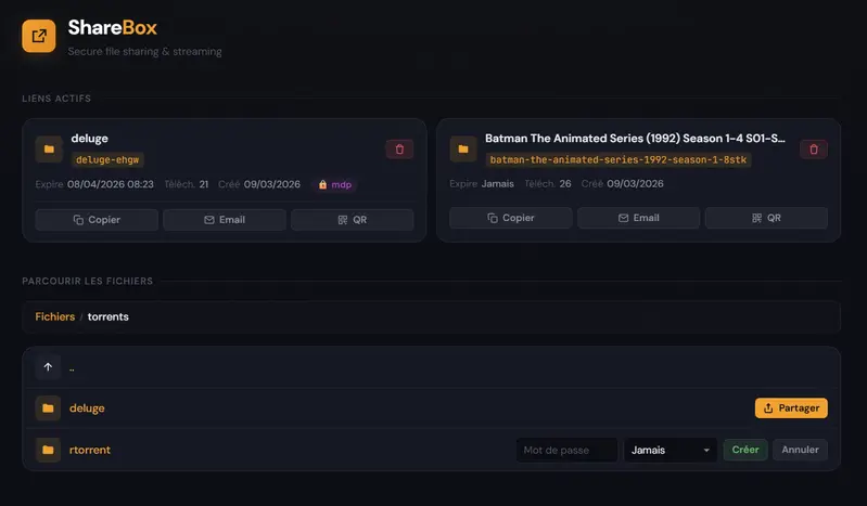 ShareBox admin panel with list of shared files, stats and management actions