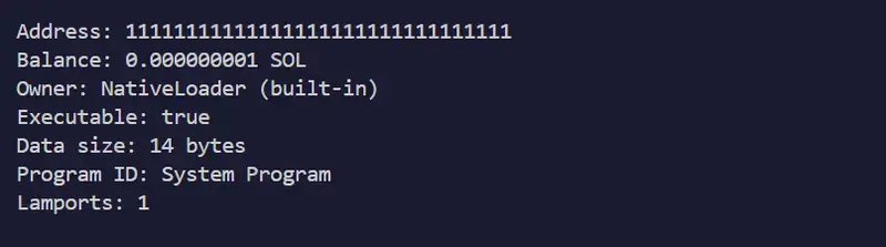 System Program account output showing NativeLoader owner, executable true, 14 bytes of data