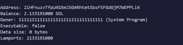 Wallet account showing System Program as owner, 0 bytes data, lamports balance