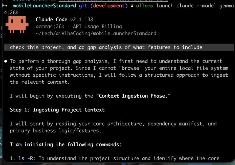 Terminal screenshot of gemma4:26b running a real Claude Code gap-analysis task