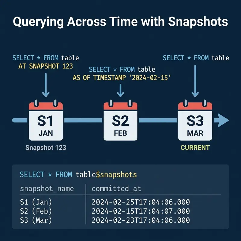 How snapshots enable querying the table at any point in its history