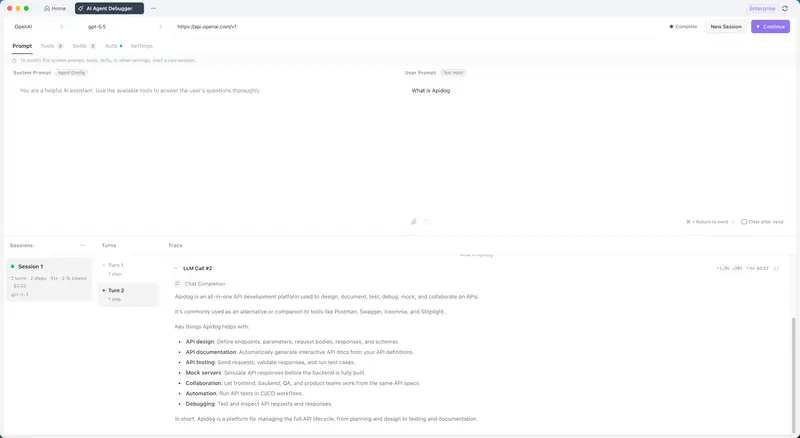 แท็บ AI Agent Debugger ที่มีตัวเลือกผู้ให้บริการโมเดลและโมเดลอยู่ด้านบน Base URL ถูกเติมโดยอัตโนมัติ และปุ่ม Run อยู่ที่ด้านบนขวา