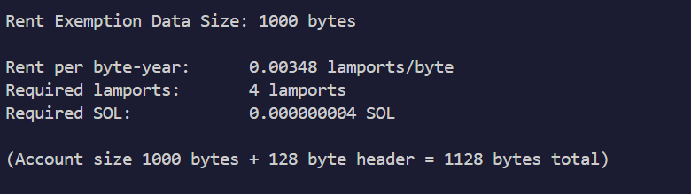 Terminal output of solana rent 1000 showing required lamports and SOL