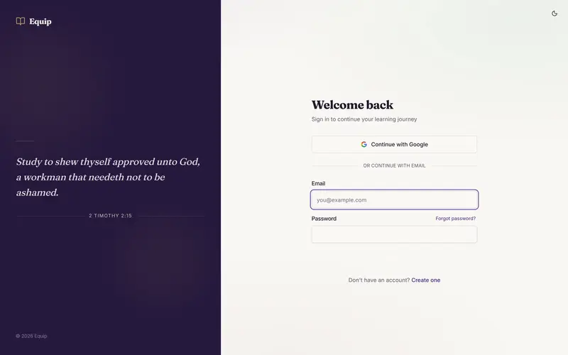 Equip login page — two-column layout with scripture on the left and a clean sign-in form on the right
