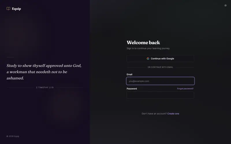 Equip login page in dark mode