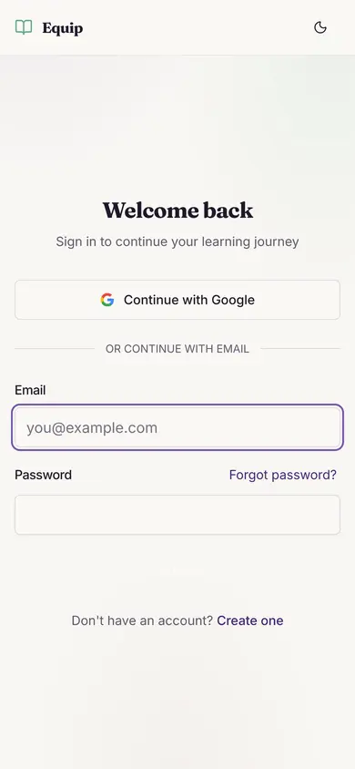 Equip sign-in on a 390px mobile viewport