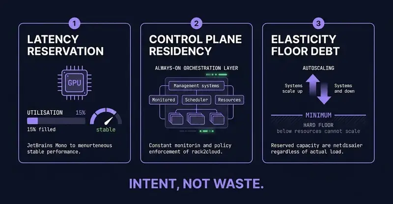 idle cloud cost three architectural patterns — latency reservation, control plane residency, elasticity floor debt