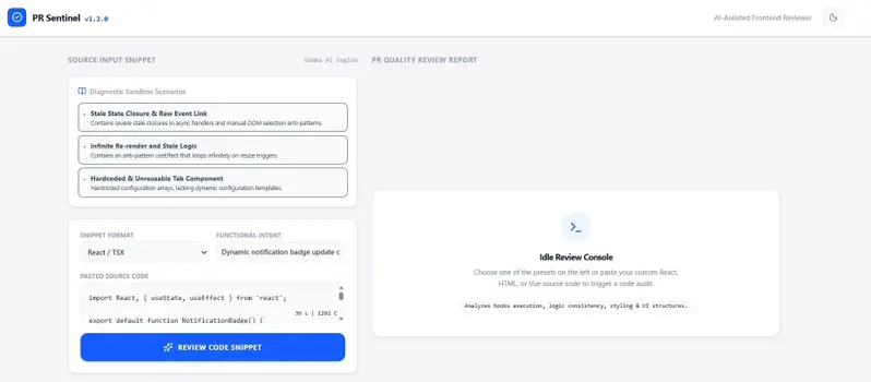 PR Sentinel landing screen with diagnostic sandbox presets, React/TSX input editor, and AI review console interface