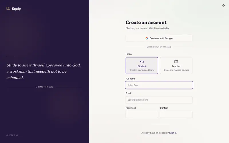Equip account creation with a Student or Teacher role chooser