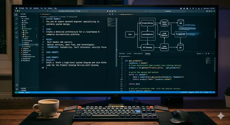 Structured AI prompts alongside generated code and architecture outputs on dual monitors