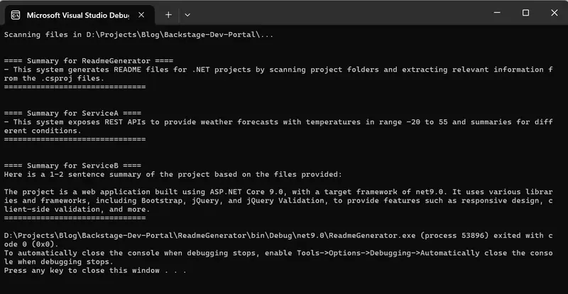 CLI output showing AI-generated project summaries