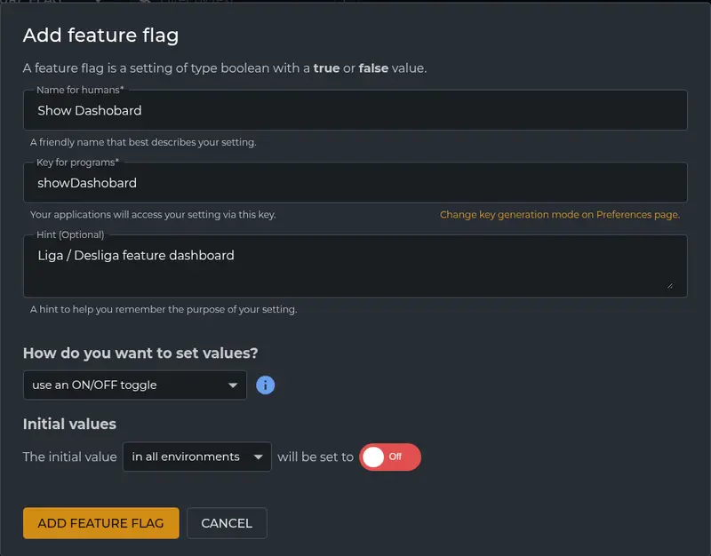 Imagem do dashboard do ConfigCat mostrando a criação de uma flag boolean