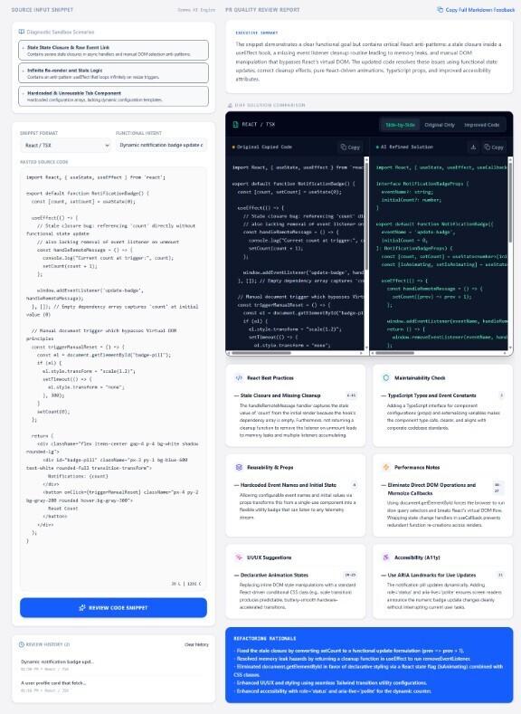 AI-generated frontend review report showing side-by-side code comparison, React best practices analysis, accessibility suggestions, and refactoring rationale
