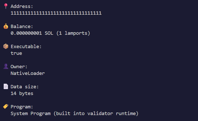 Explorer output for System Program showing NativeLoader, executable true, 14 bytes, 1 lamport balance