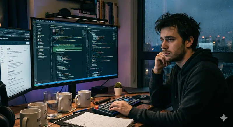 Junior developer reviewing rapidly generated AI code on multiple screens