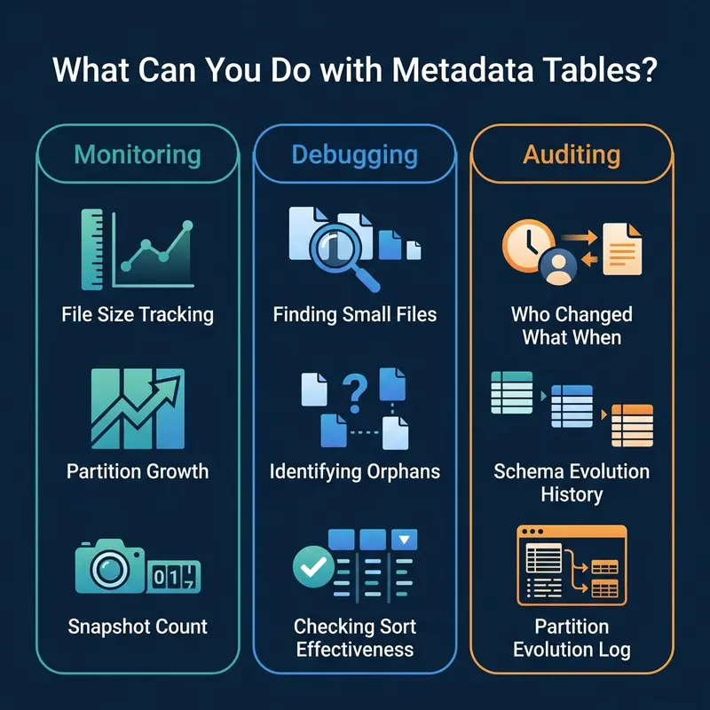 Three categories of metadata table use cases: monitoring, debugging, and auditing